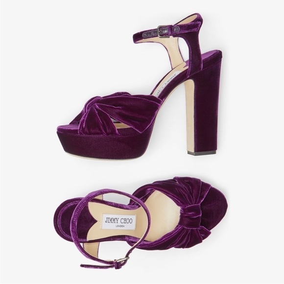 Jimmy Choo Heloise Cassis Velvet Platform Heels - Picture 1 of 13